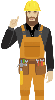 Nick Illustration 2 NBT Constructions - Shed installers page illustration of a bearded tradesman wearing overalls with tool belt and yellow hard hat, pointing toward the sky.